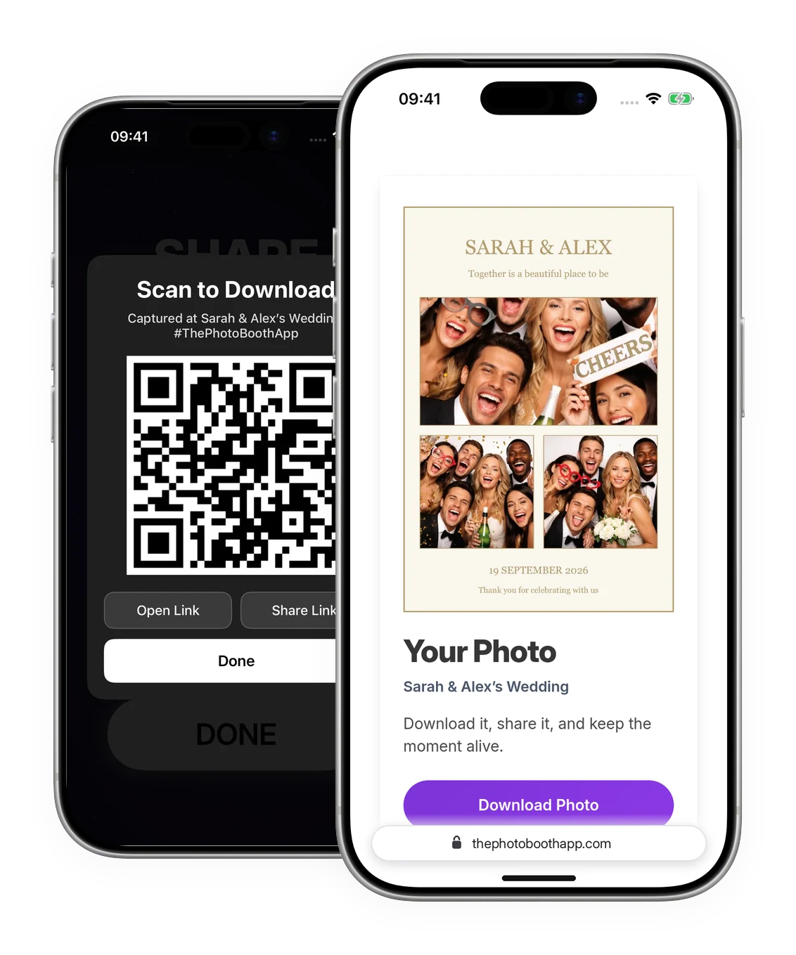 An iPhone booth showing a QR code to download a wedding photo, next to a guest’s iPhone with the downloaded photo open in Safari
